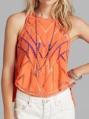 Free People Ginger Tank Top Open Back Button Detail Orange Size Large